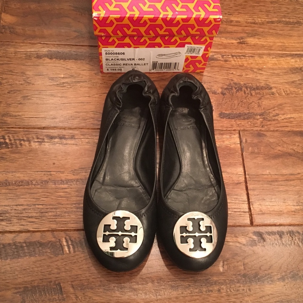 Tory Burch Reva Black & Silver Ballet Flats-Sz 6